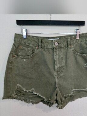 Primark Olive Green Frayed Hem Women's Denim Shorts Sz 10
